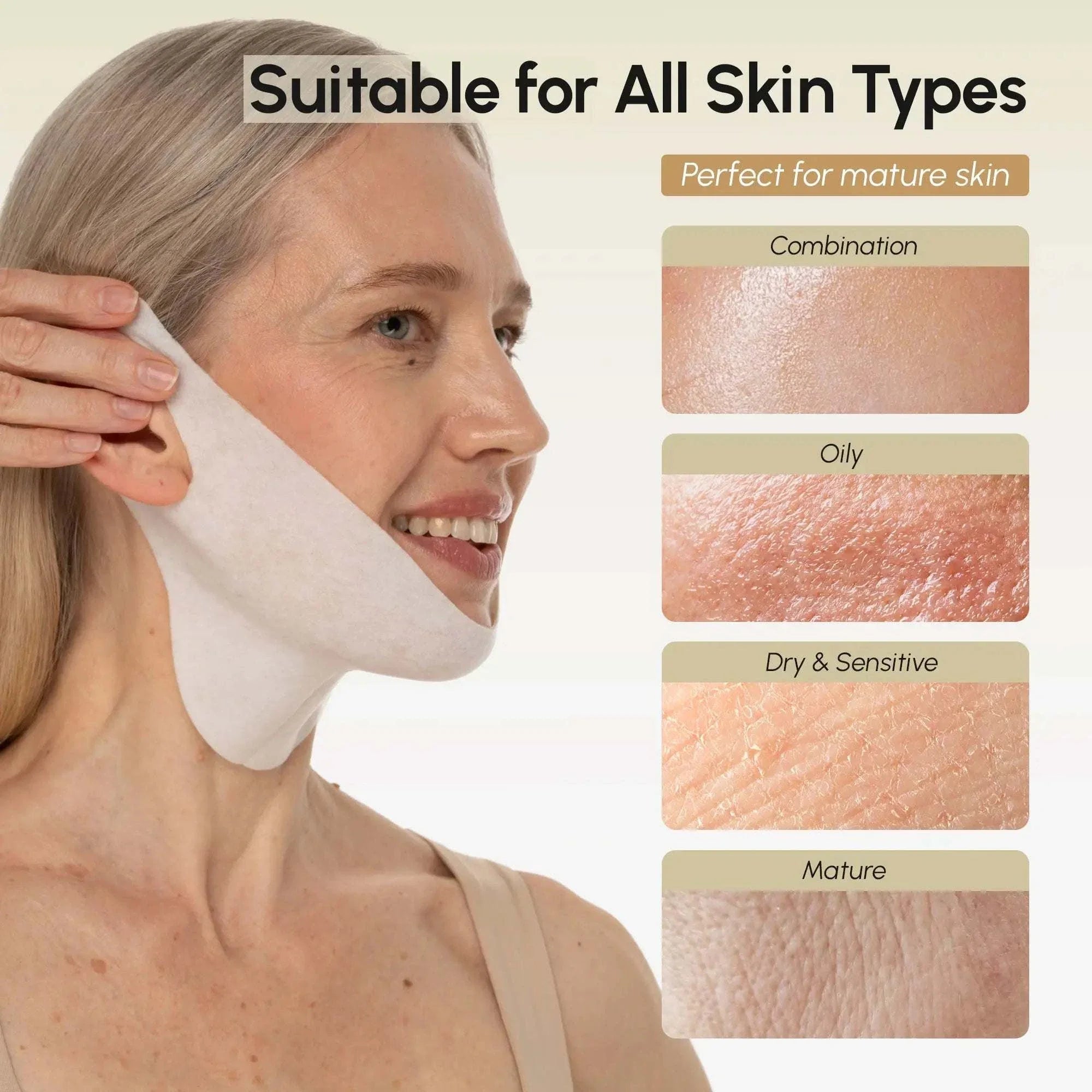 Gold V-Line Lifting Mask in translucent white hydrogel, shown fitting the jaw and chin with an ear loop