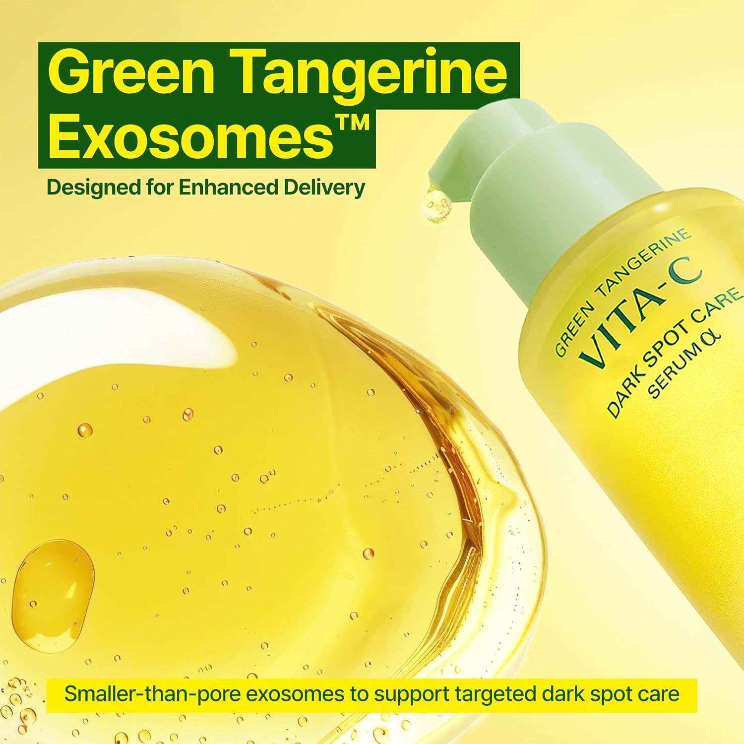 Goodal Green Tangerine bright yellow vitamin C dark spot care serum bottle with a dropper cap and gel texture droplet