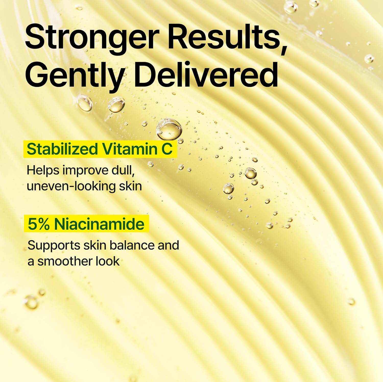 Goodal Green Tangerine serum ingredient graphic with yellow vitamin C gel texture and water droplets highlighting 5% niacinamide benefits