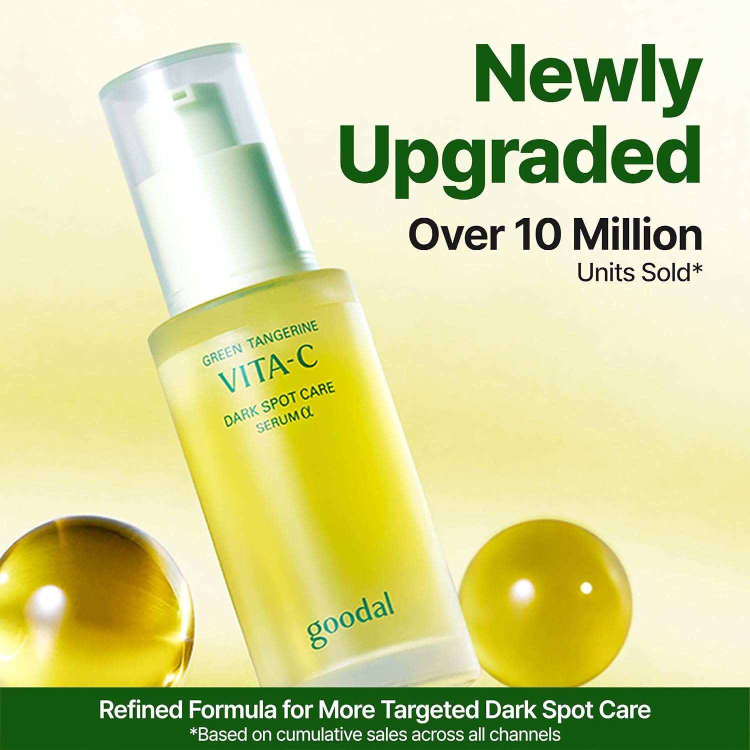Goodal Green Tangerine bright yellow frosted glass serum bottle with white pump cap and dark spot care labeling