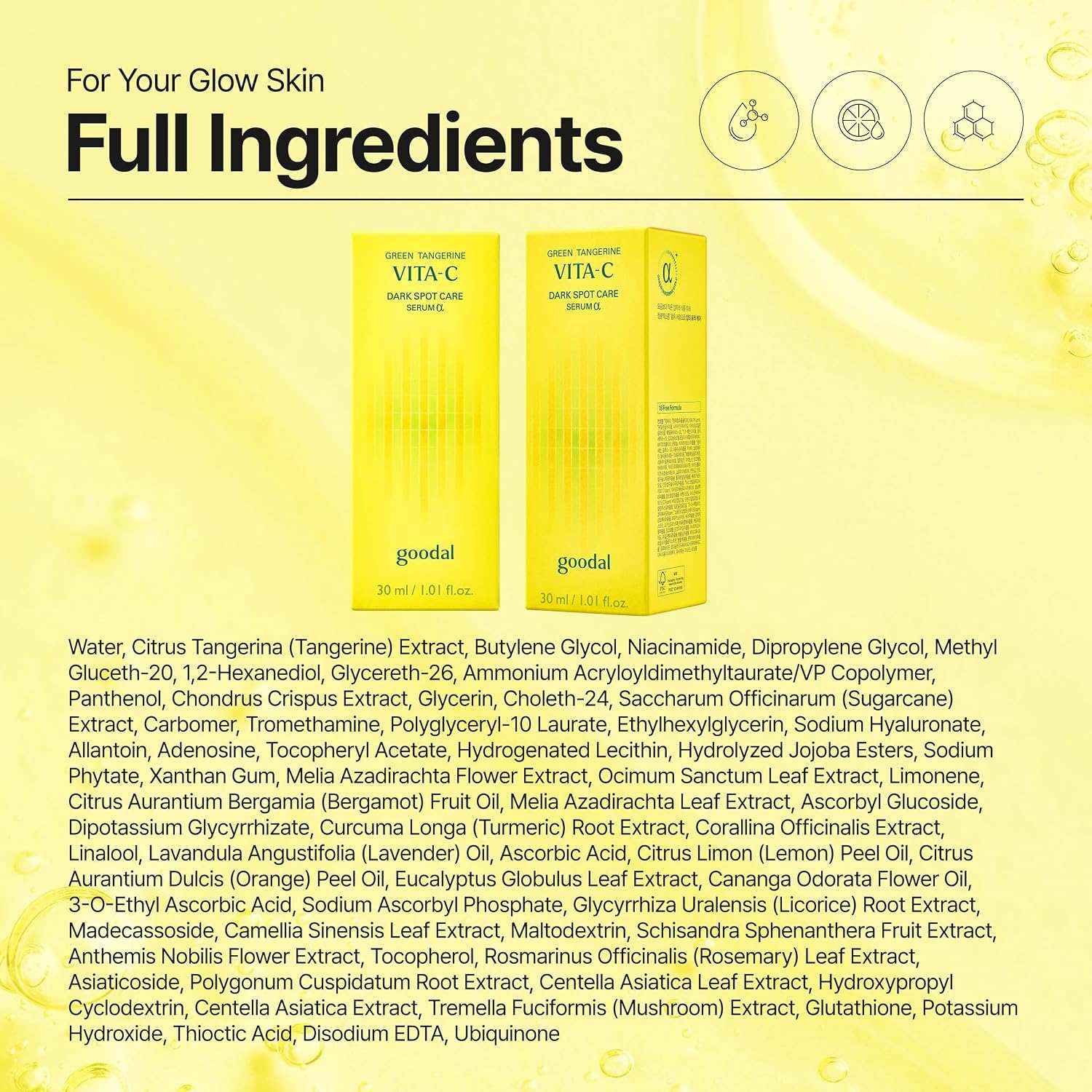 Goodal Green Tangerine yellow rectangular serum box with text and ingredient list on bright yellow background