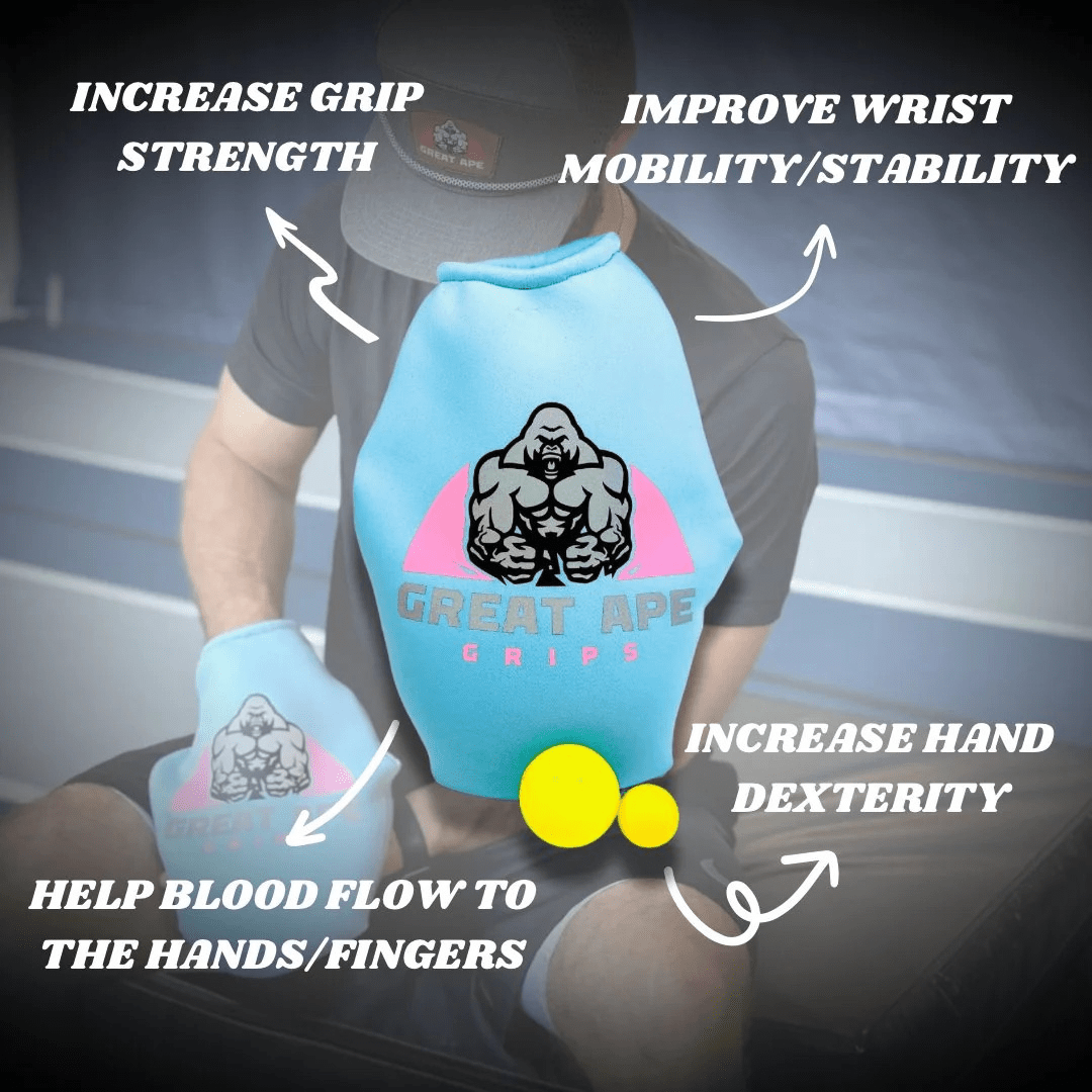 GREAT APE GRIPS baby blue neoprene grip training bag with matching glove and yellow stress balls