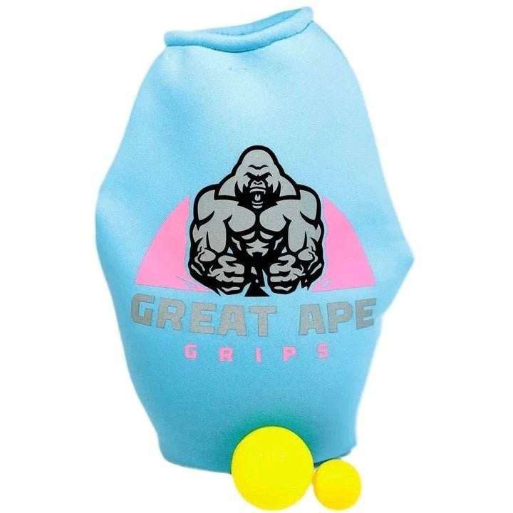 GREAT APE GRIPS baby blue neoprene grip training bag with gorilla logo, pink accents, and two yellow balls
