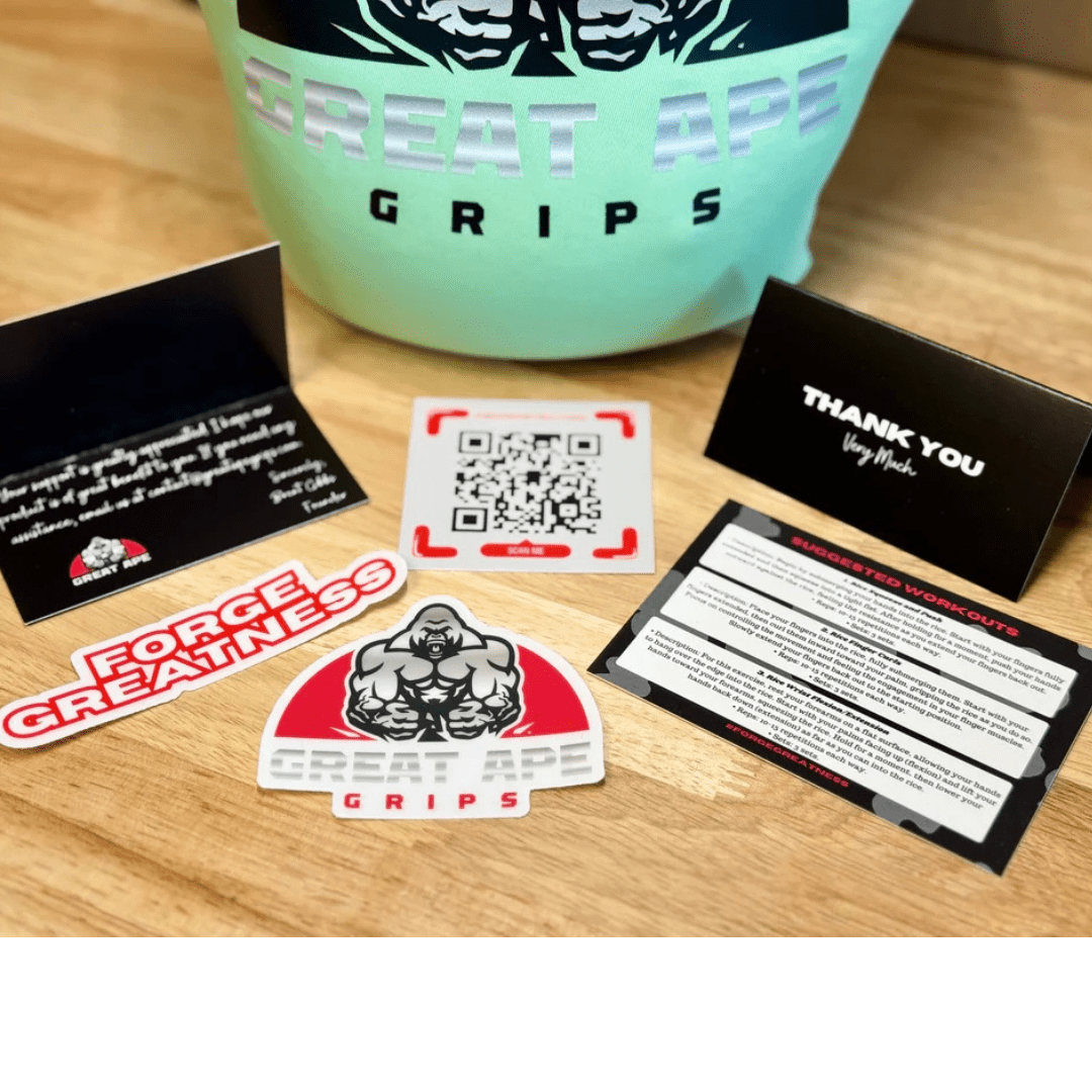 GREAT APE GRIPS Hawaiian mint container with branded stickers, QR card, thank-you card and workout information cards