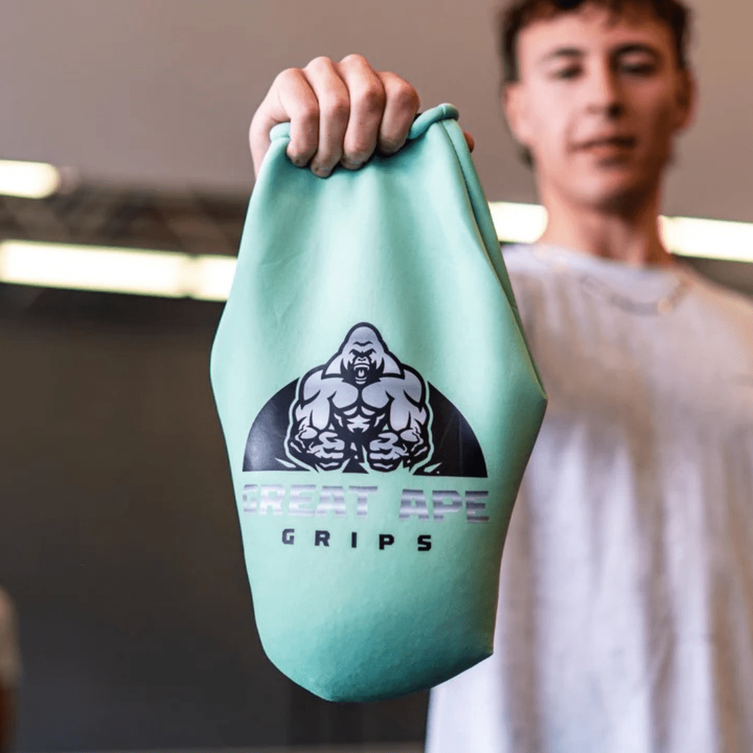 GREAT APE GRIPS Hawaiian mint neoprene training bag with gorilla logo and drawstring closure