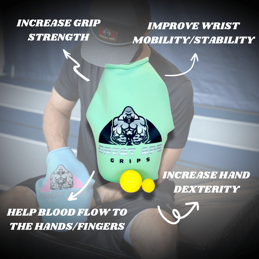 GREAT APE GRIPS mint green neoprene grip training pouch with gorilla logo, matching glove, and yellow stress balls