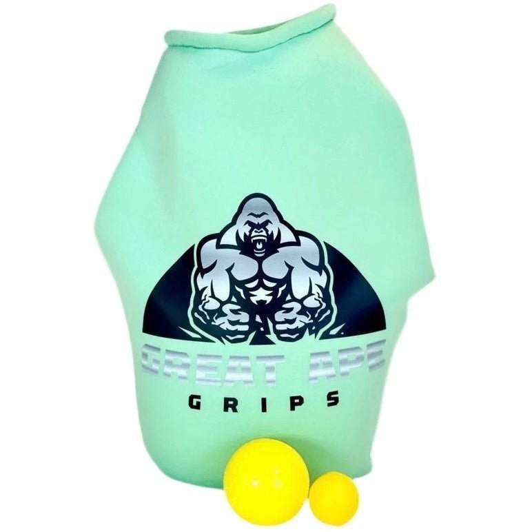 GREAT APE GRIPS mint green neoprene training glove with gorilla logo and two yellow stress balls