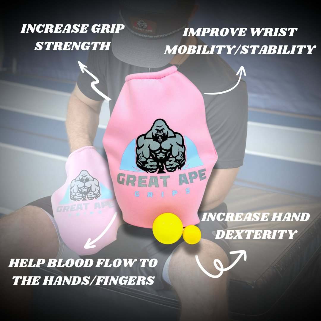 GREAT APE GRIPS pink neoprene hand training bag with gorilla logo and yellow stress balls