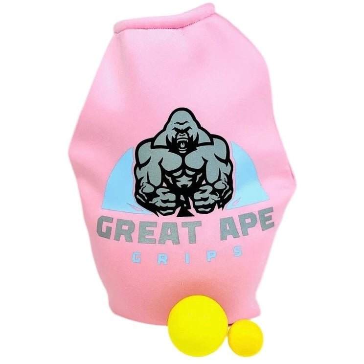 GREAT APE GRIPS pink neoprene hand training bag with gorilla logo and two yellow stress balls