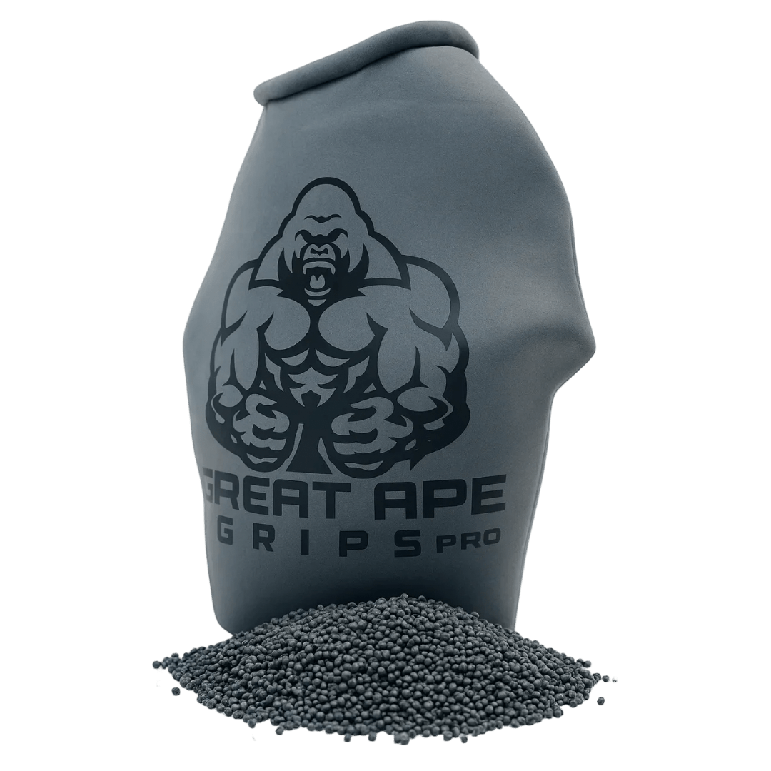 Grip strength trainer, charcoal neoprene pouch with gorilla logo and exposed black thermoplastic pellets, Great Ape Grips Pro