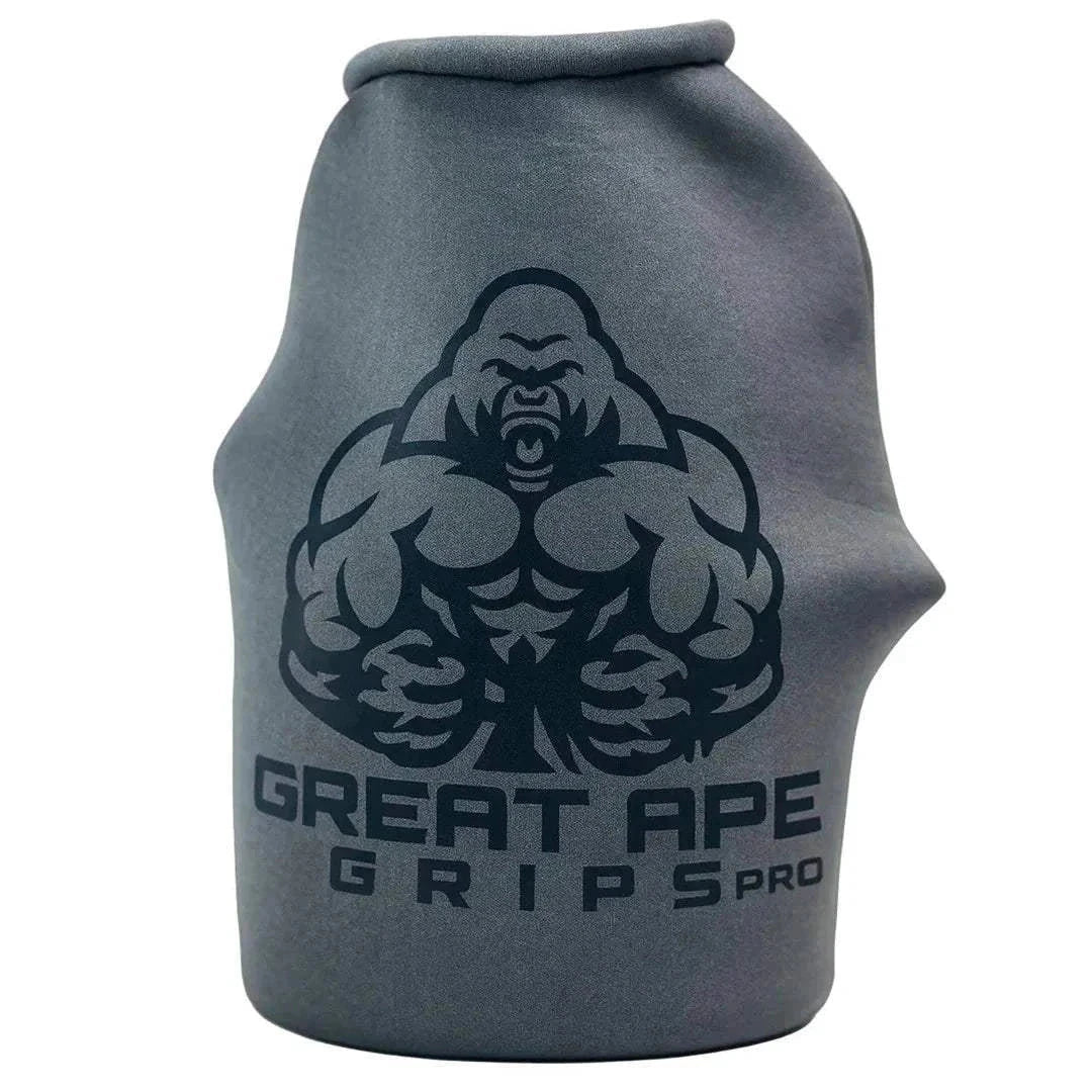 Grip strength trainer, charcoal neoprene with a gorilla graphic and Great Ape Grips Pro logo lettering, rounded bag shape