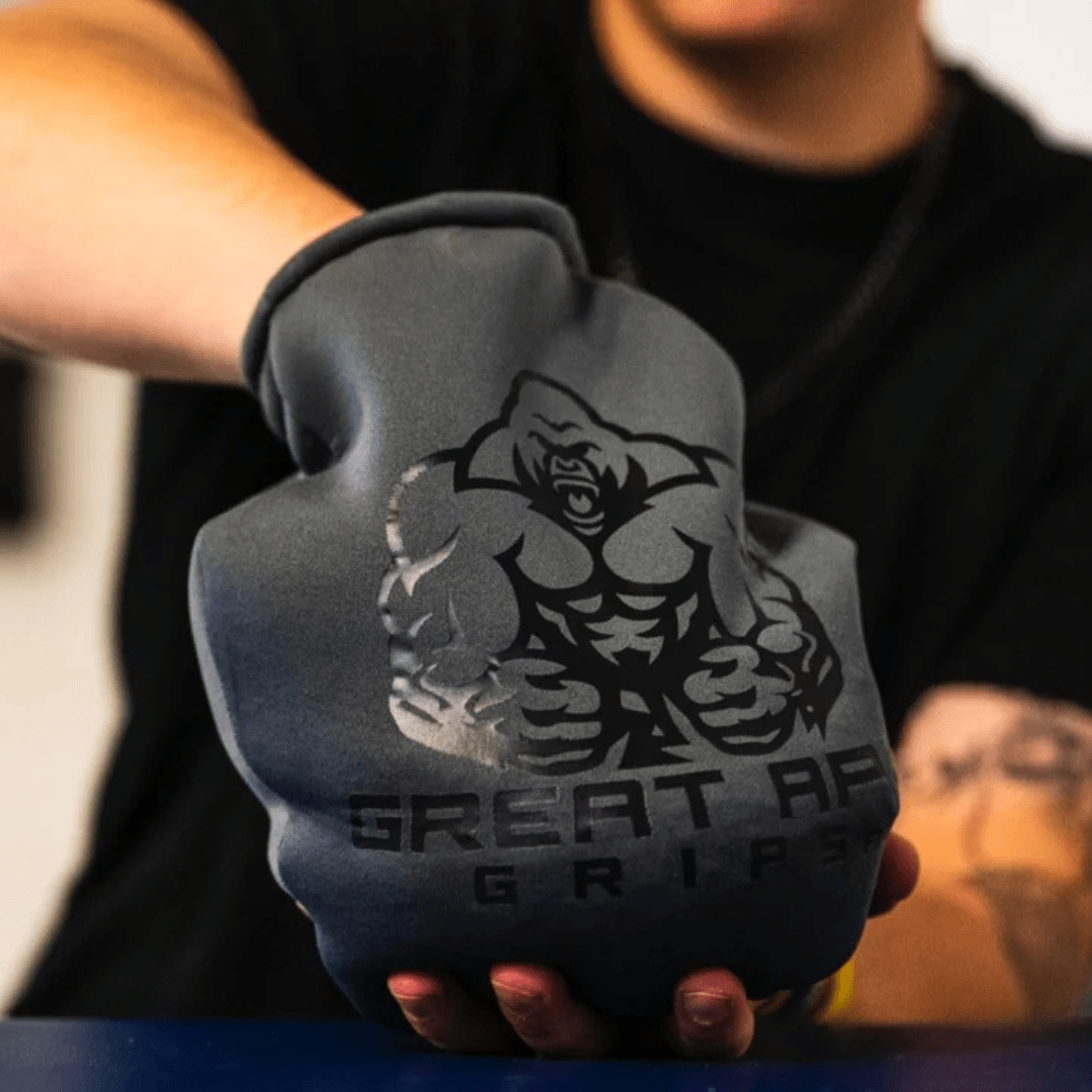 Great Ape Grips Pro charcoal neoprene grip trainer with attached hand glove and bold gorilla graphic logo