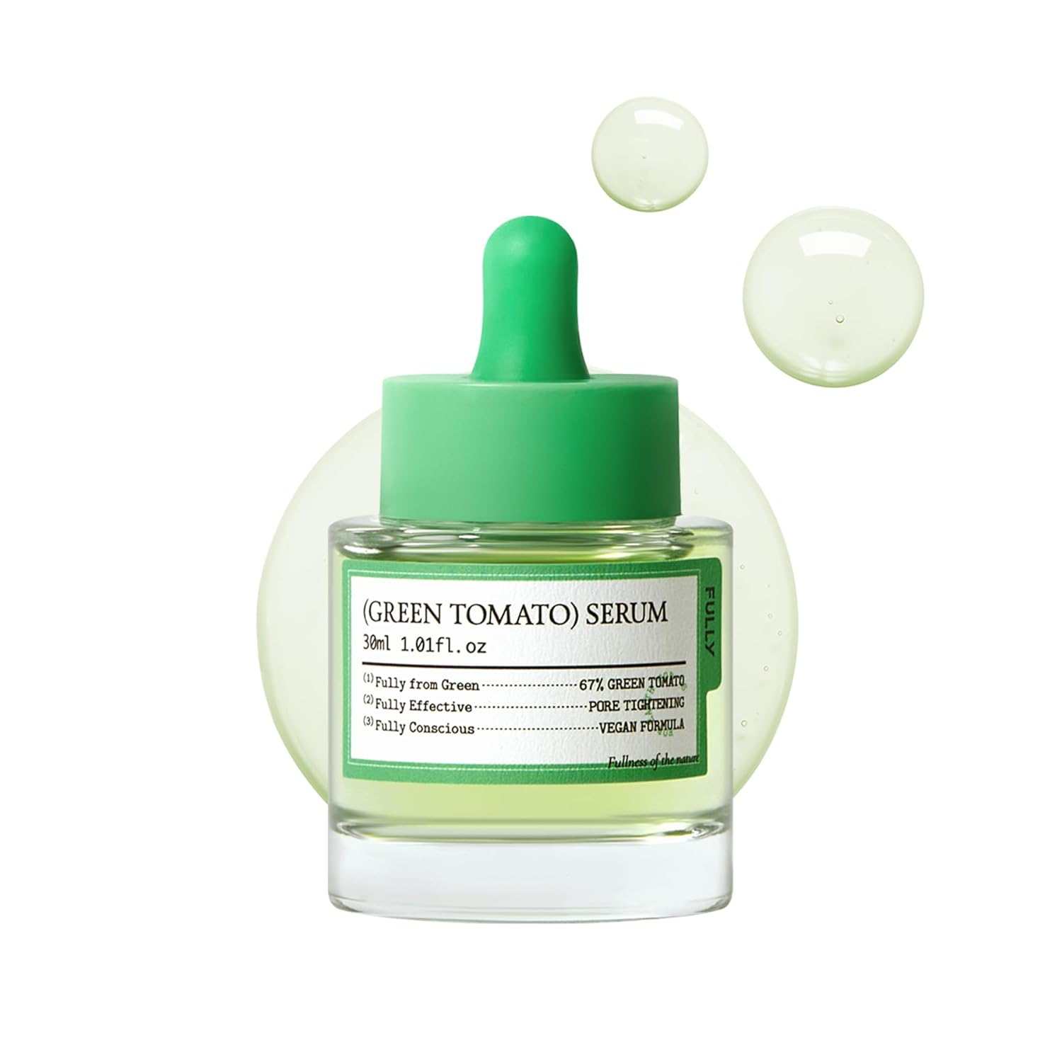 Green Tomato Serum in clear glass bottle with green dropper cap and label, transparent gel drops visible