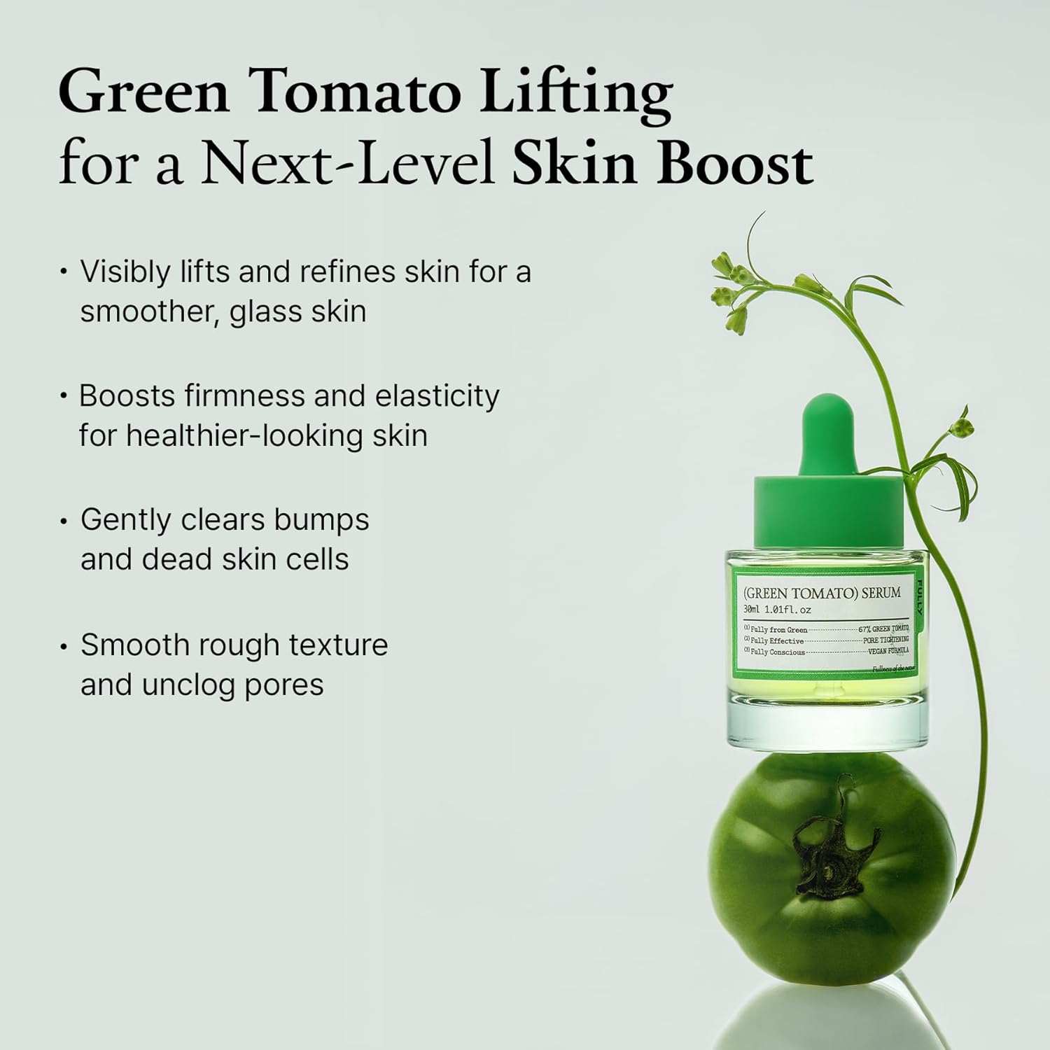 Green Tomato Serum in clear glass bottle with green dropper cap and label, placed above a green tomato with a vine attached