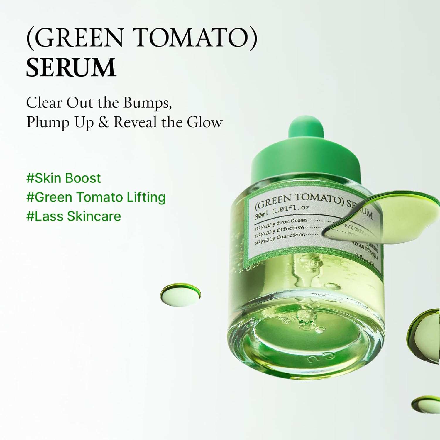 Green Tomato Serum in a clear glass bottle with green gel and green dropper cap, labeled with product details