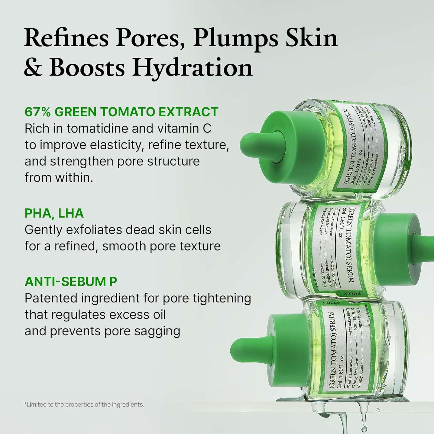 Green Tomato Serum in clear glass bottles with green caps, showing gel texture and detailed labels, stacked vertically