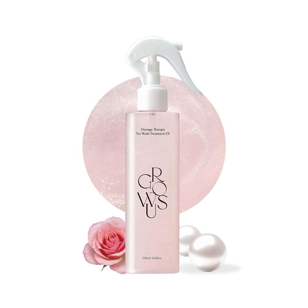 Growus Damage Therapy no-wash treatment spray bottle in soft pink with rose and pearl accents for hair care