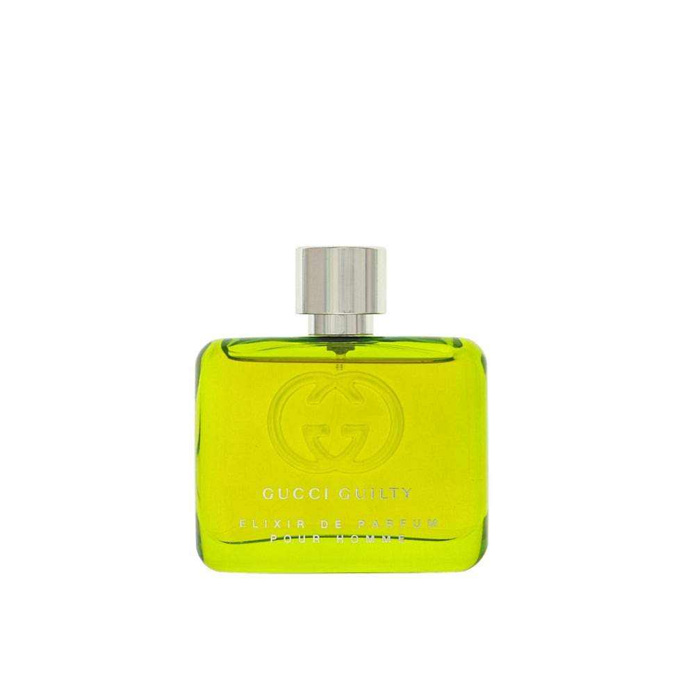 Guilty by Gucci men's parfum in a bright yellow glass bottle with silver cap and embossed Gucci logo