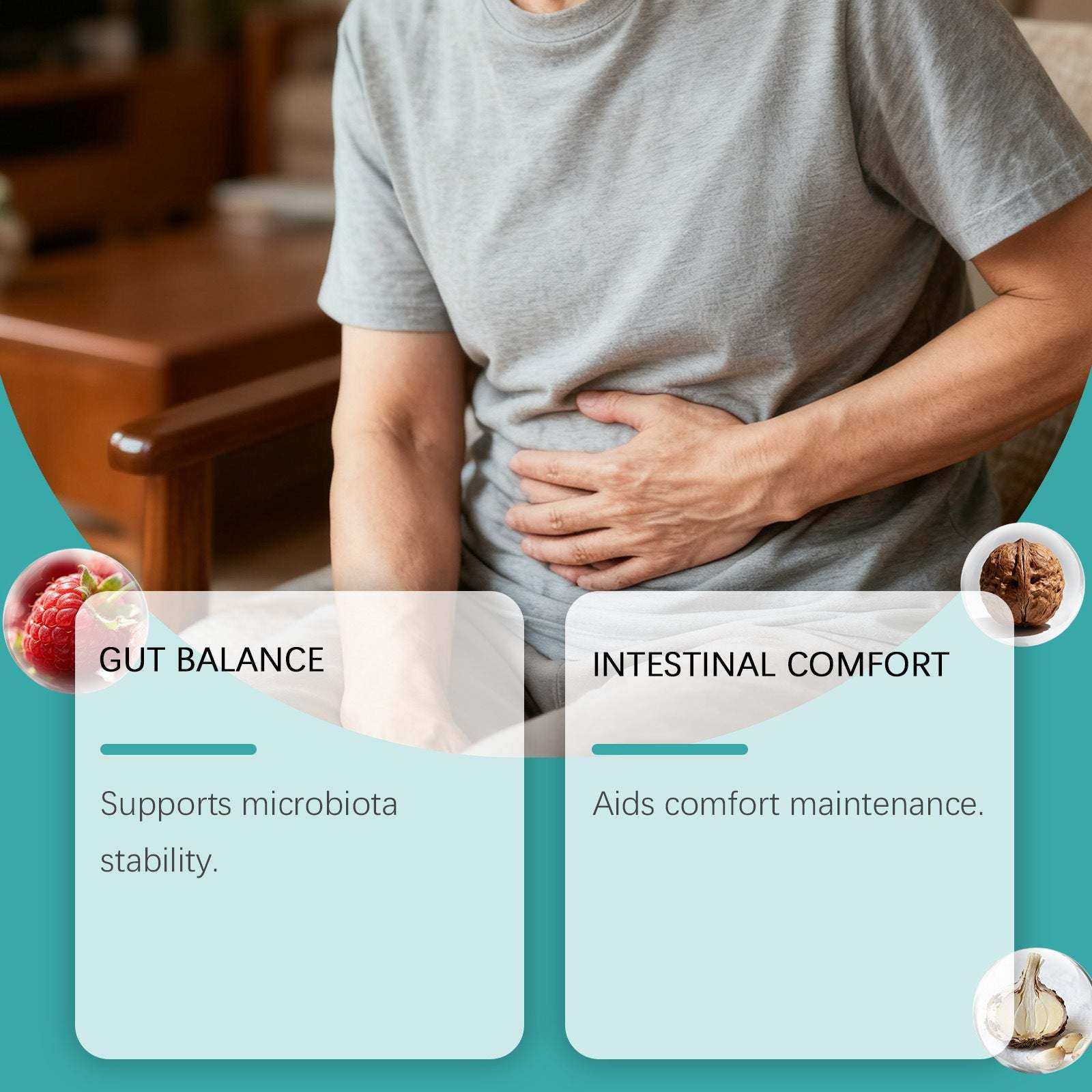 Gut Health Support drops dietary supplement bottle on white background