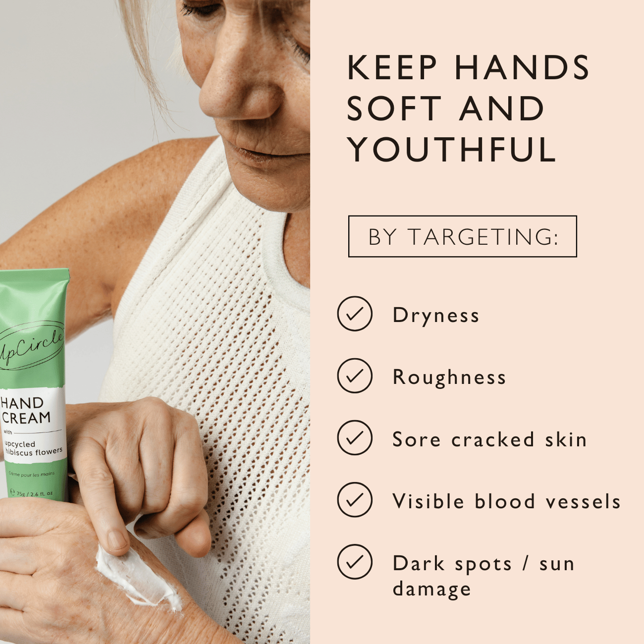 Hand Cream with Hibiscus Flowers in a green tube with hibiscus flower packaging, shown being applied to dry hands