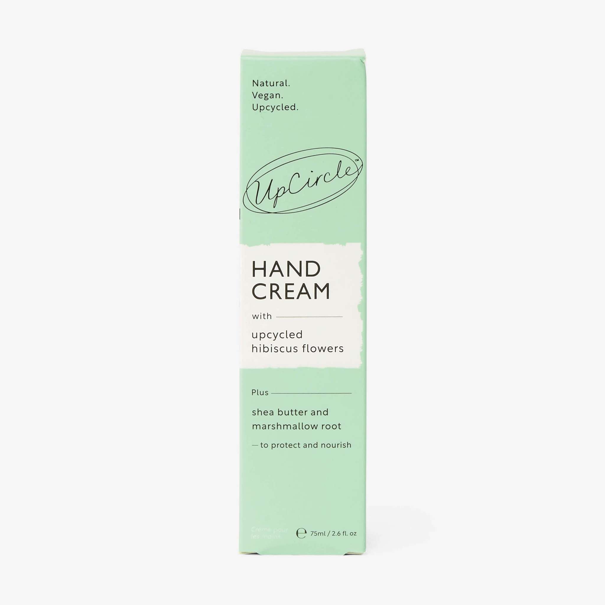 Hand Cream with Hibiscus Flowers in mint green packaging, featuring an UpCircle logo and nourishing shea butter formula