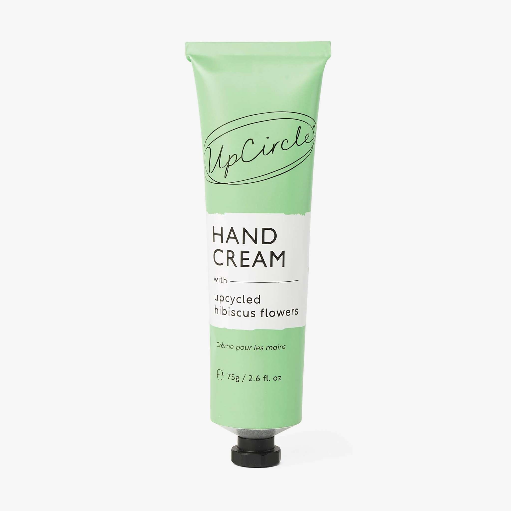 Hand Cream with Hibiscus Flowers in a mint green aluminum tube with black cap and UpCircle branding