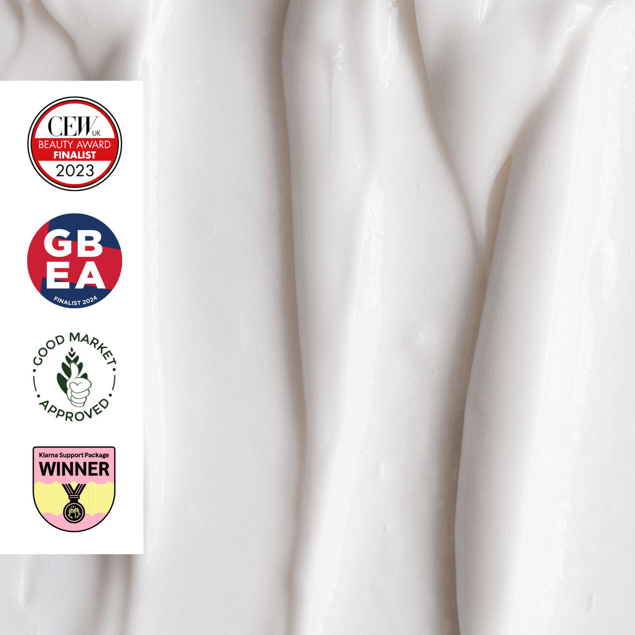 Hand Cream with Hibiscus Flowers in a white glossy cream texture with award and approval badges