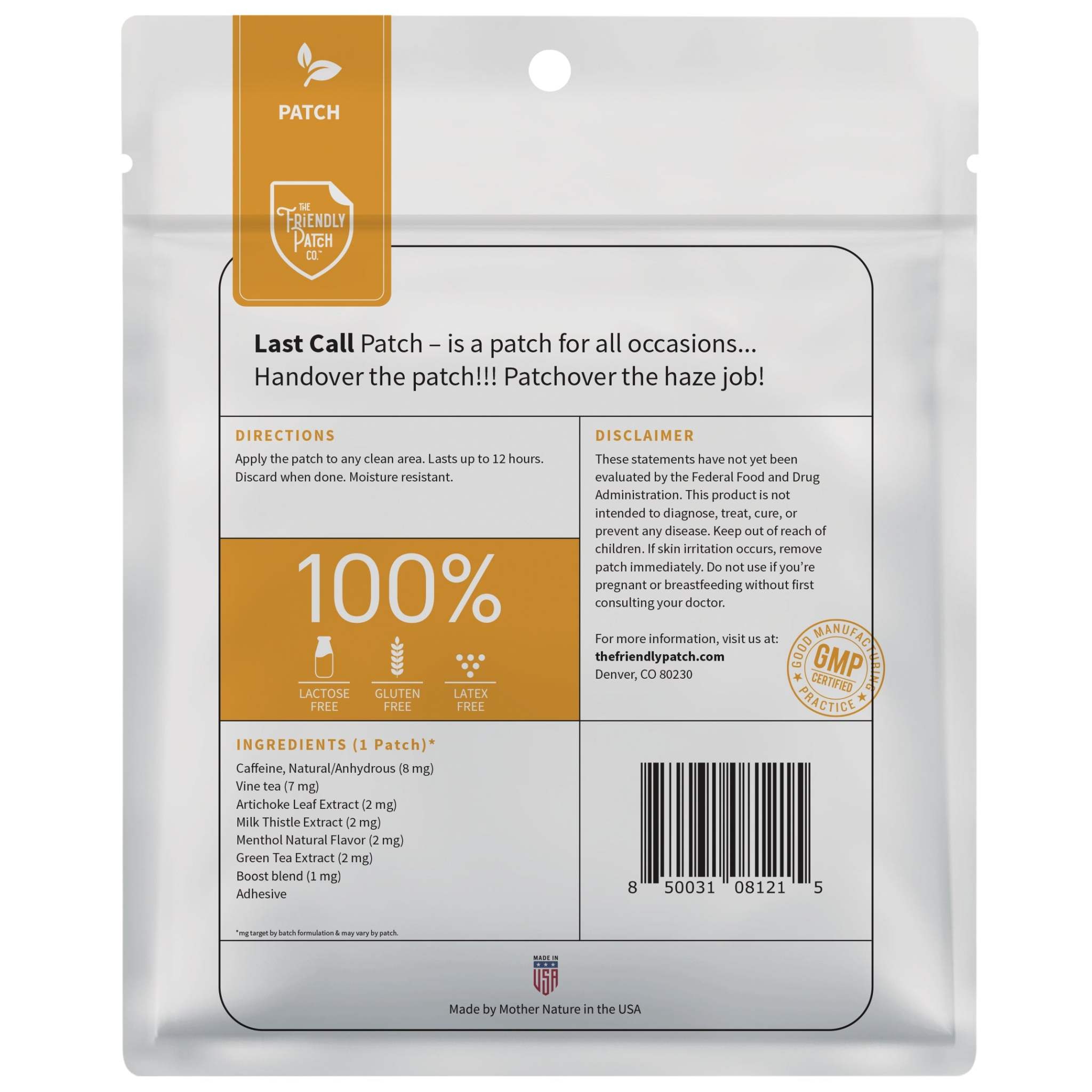 Hangover Patch 28 Pk pack showing white and orange resealable bag with natural ingredient details and directions on the back