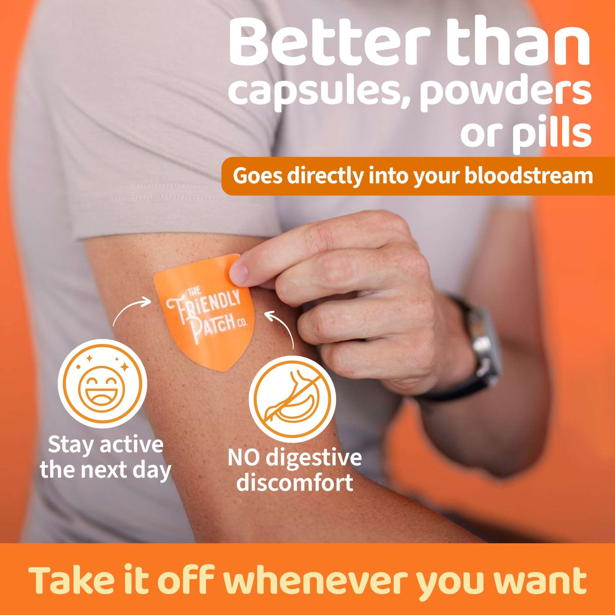 Hangover Patch 28 Pk orange adhesive patch applied on arm with white text highlighting benefits like no digestive discomfort and staying active