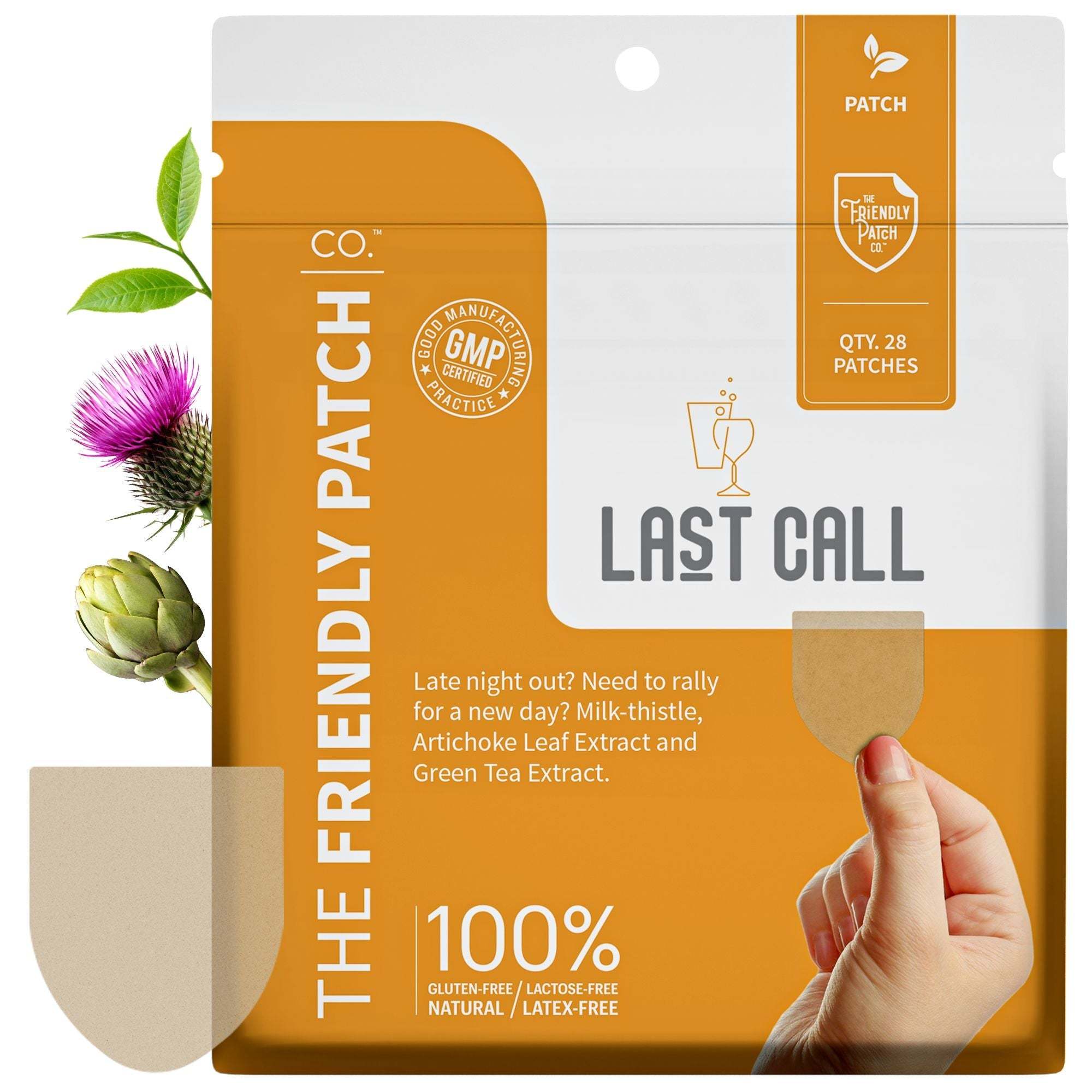 Hangover Patch 28 Pk with orange and white packaging featuring a hand holding a beige patch, includes milk thistle and green tea extracts