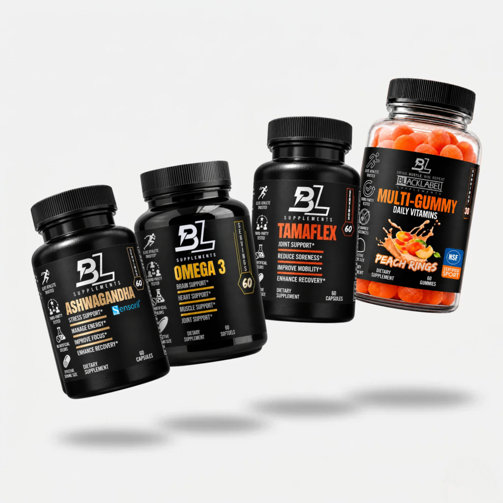 HEALTH & WELLNESS STACK featuring four black supplement bottles and a clear jar of orange peach-ring gummies, with bold labels.