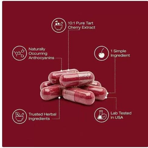 Healthcare 60-Count Cherry Extract Capsules shown as translucent red gelatin capsules with tart cherry extract and key ingredient highlights on a red background.