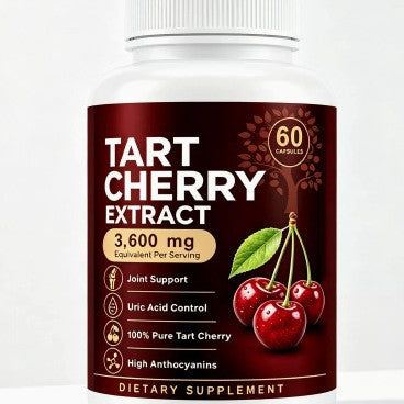 Healthcare 60-Count Cherry Extract Capsules in a white bottle with a red label featuring cherry illustrations and supplement benefits.