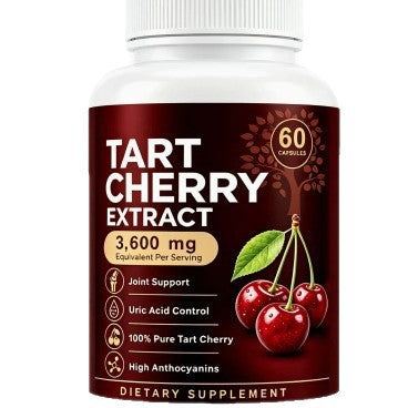 Healthcare 60-Count Cherry Extract Capsules bottle with red label, white cap, cherry illustration, and supplement benefits listed.