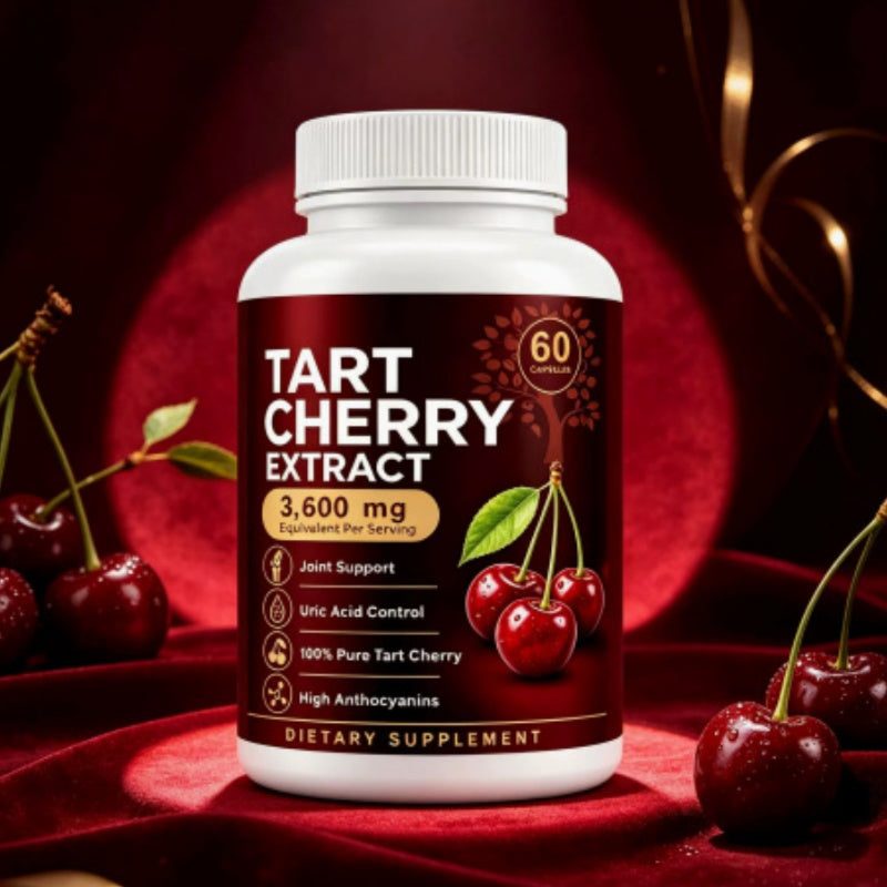 Healthcare 60-Count Cherry Extract Capsules in a white plastic bottle with a maroon label featuring cherries and supplement information.