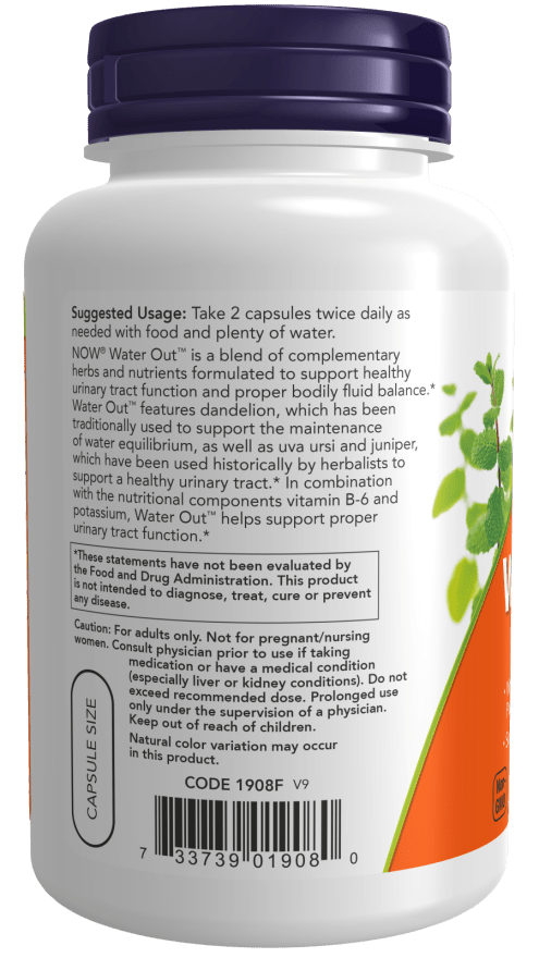 Herbal urinary support supplement in a white bottle with a dark purple cap and orange-green label, featuring botanical ingredients