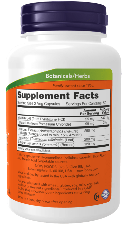 Herbal supplement bottle for herbal urinary support, white container with purple cap and orange-green label, two-veggie-capsule serving