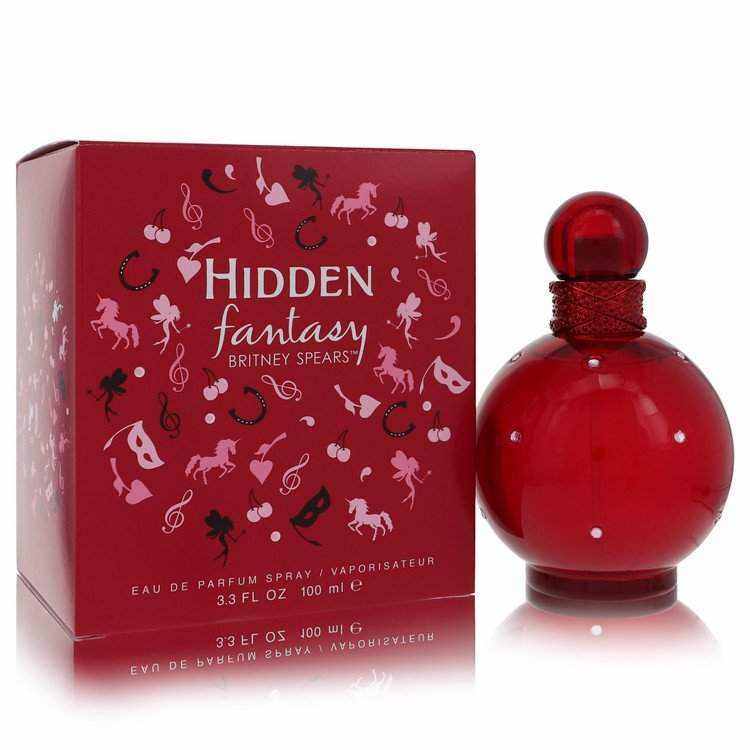 Eau de parfum spray in a red glass bottle with matching patterned box, Hidden Fantasy by Britney spears fragrance set
