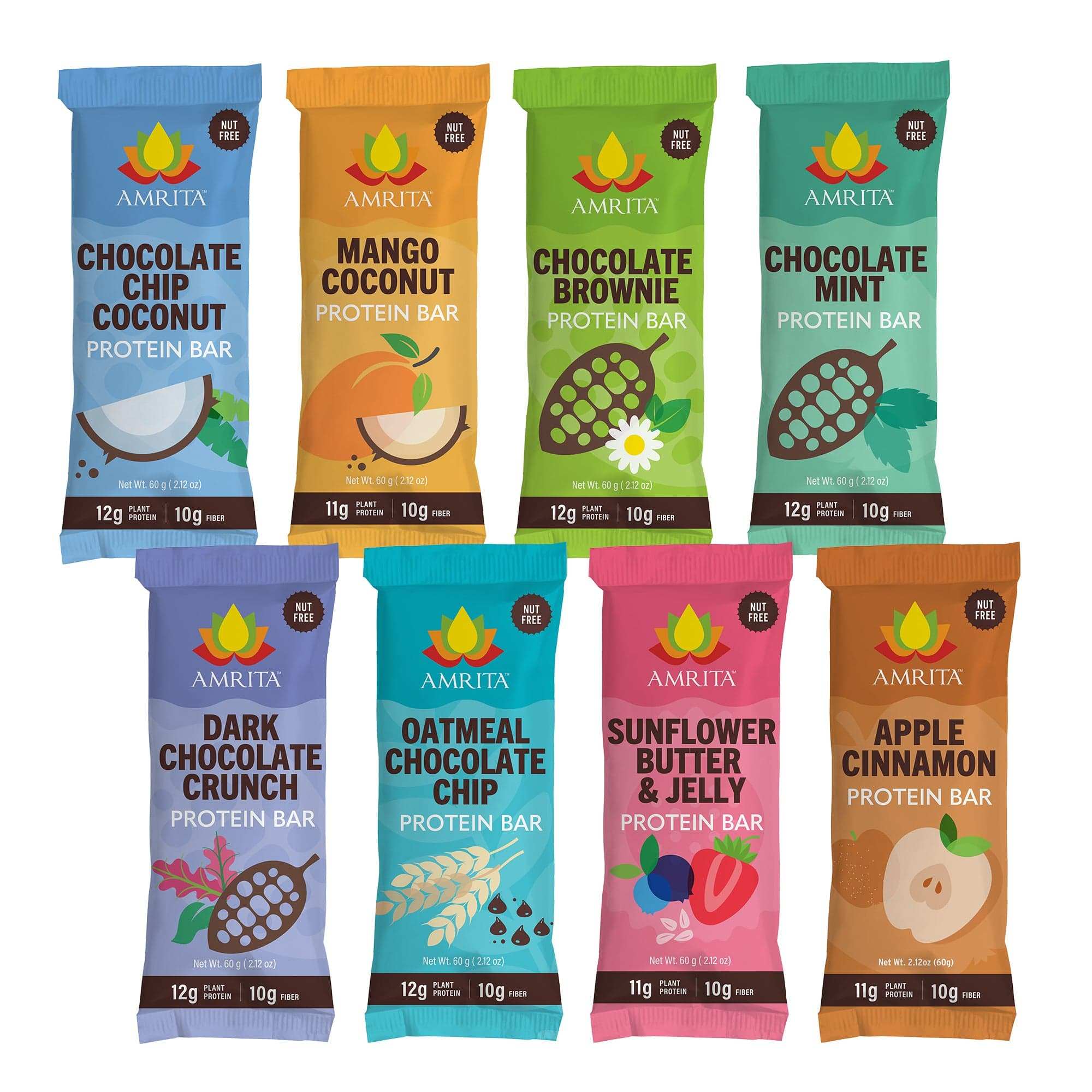 High Protein Bars starter pack with eight colorful Amrita protein bar wrappers in varied flavors and designs