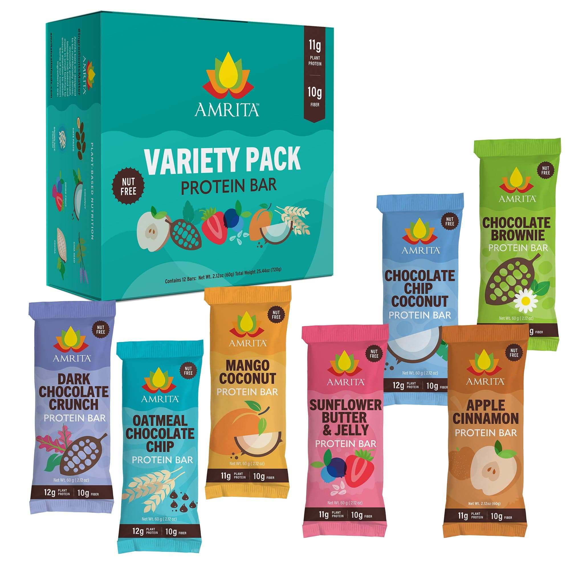 High Protein Bars variety pack with colorful Amrita protein bar wrappers in six flavors and a teal box