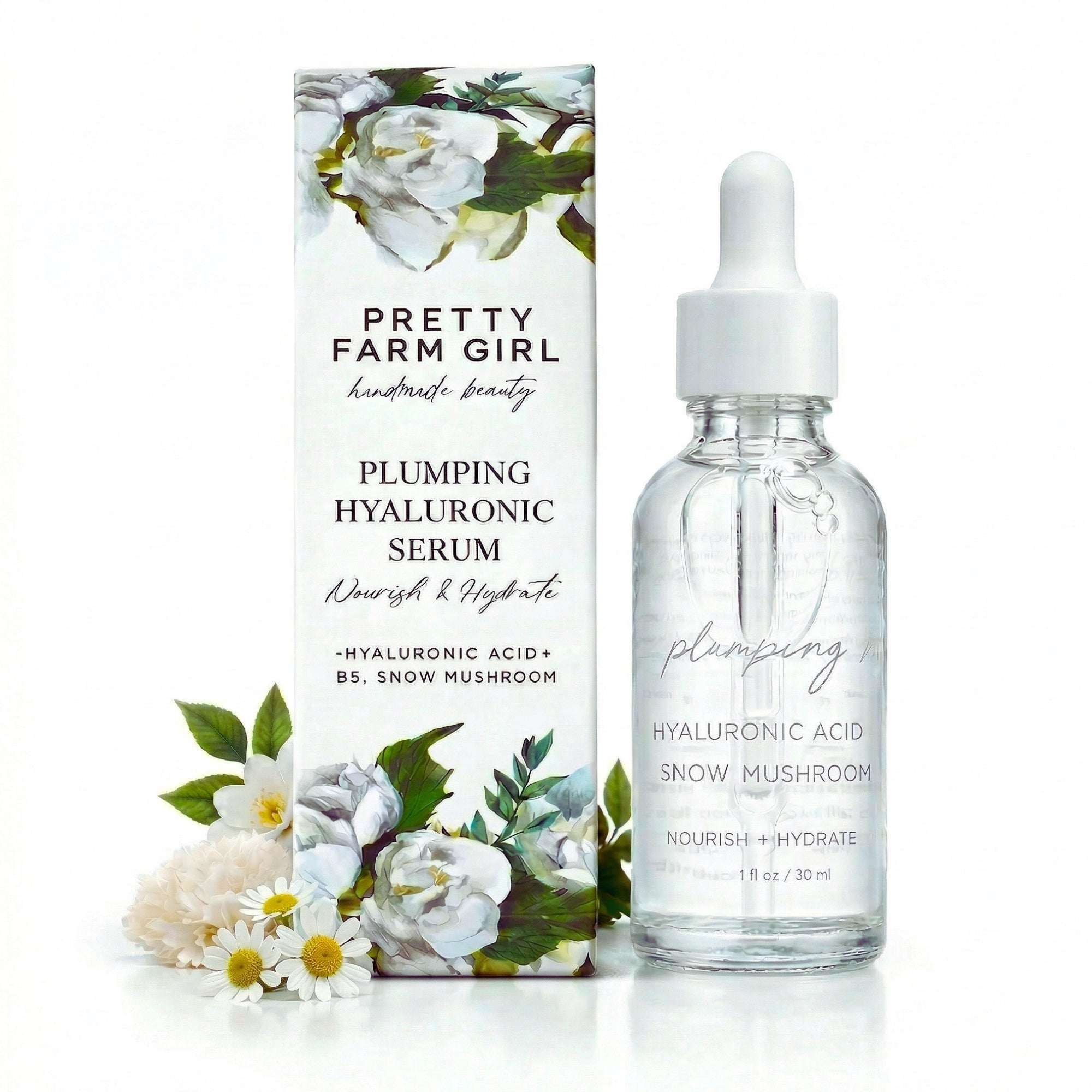Hyaluronic Acid Plumping Serum in a clear glass dropper bottle with floral-patterned box packaging, 30 ml
