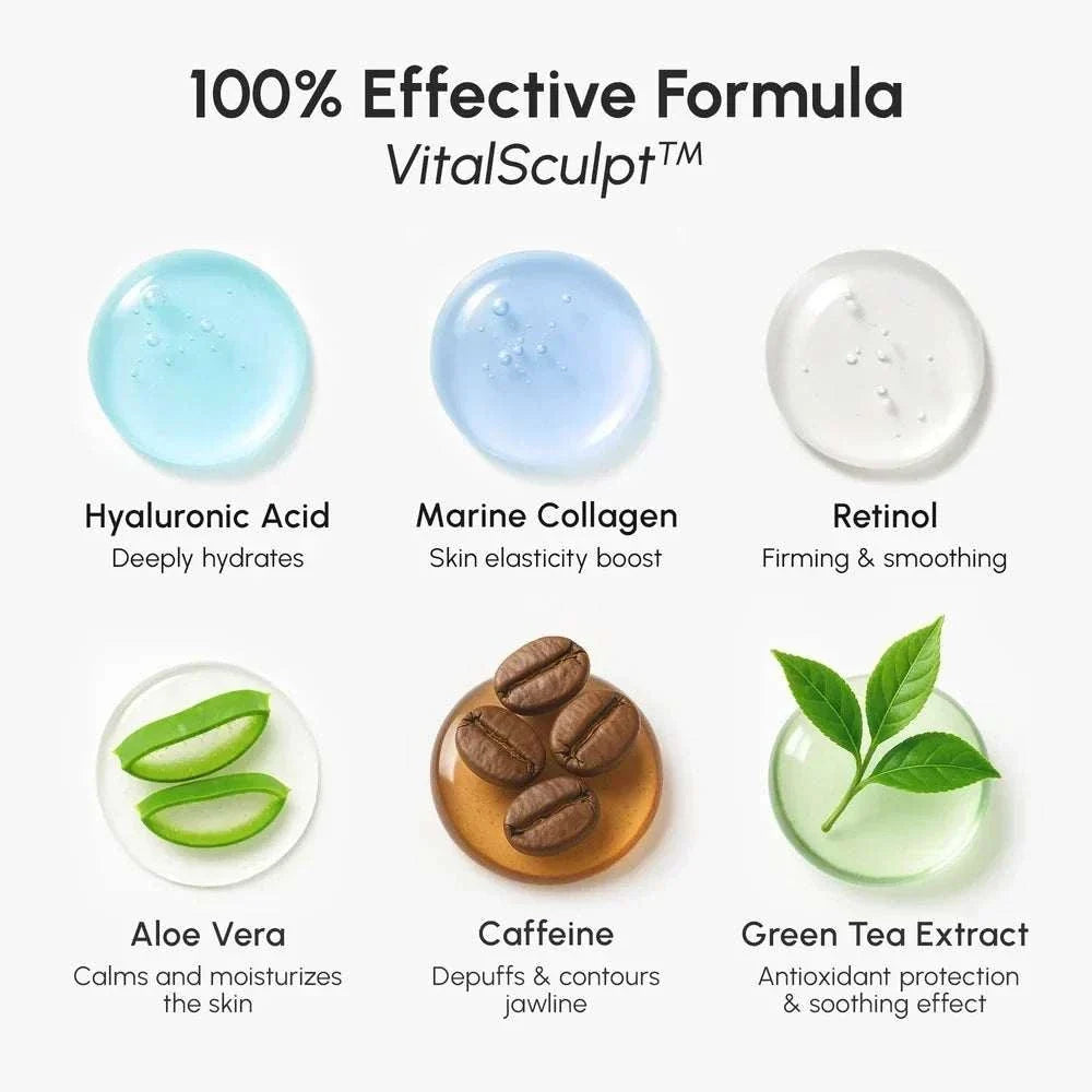 Hyaluronic Acid V-line Lifting Mask formula graphic showing six ingredients: hyaluronic acid, collagen, retinol, aloe, caffeine and green tea