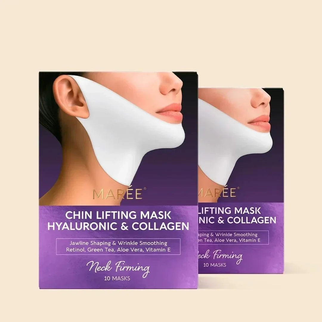 Hyaluronic Acid V-line Lifting Mask shown in purple boxes with white chin masks and a jawline-lifting design
