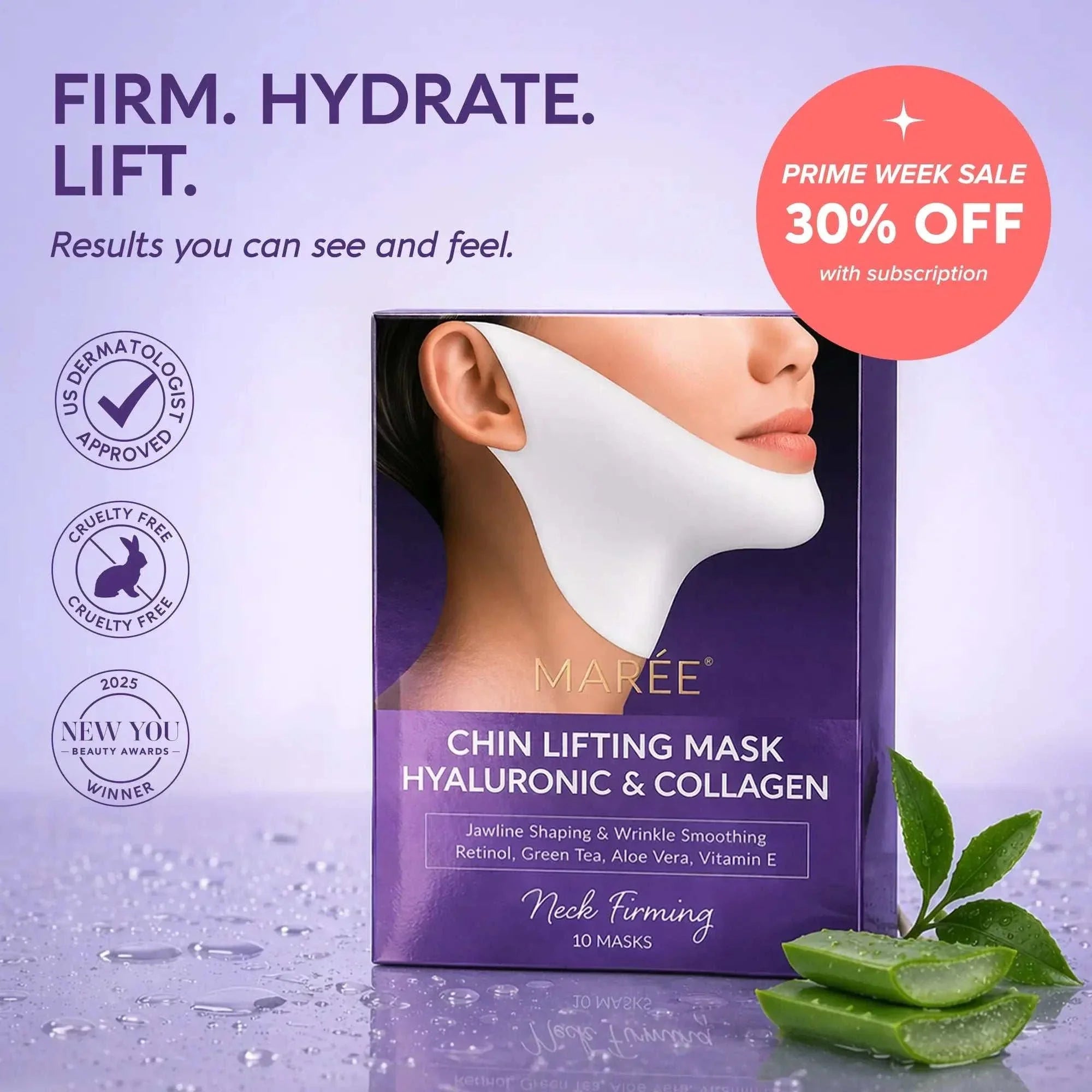 Hyaluronic Acid V-line Lifting Mask in purple packaging, featuring a white chin mask and aloe vera leaves