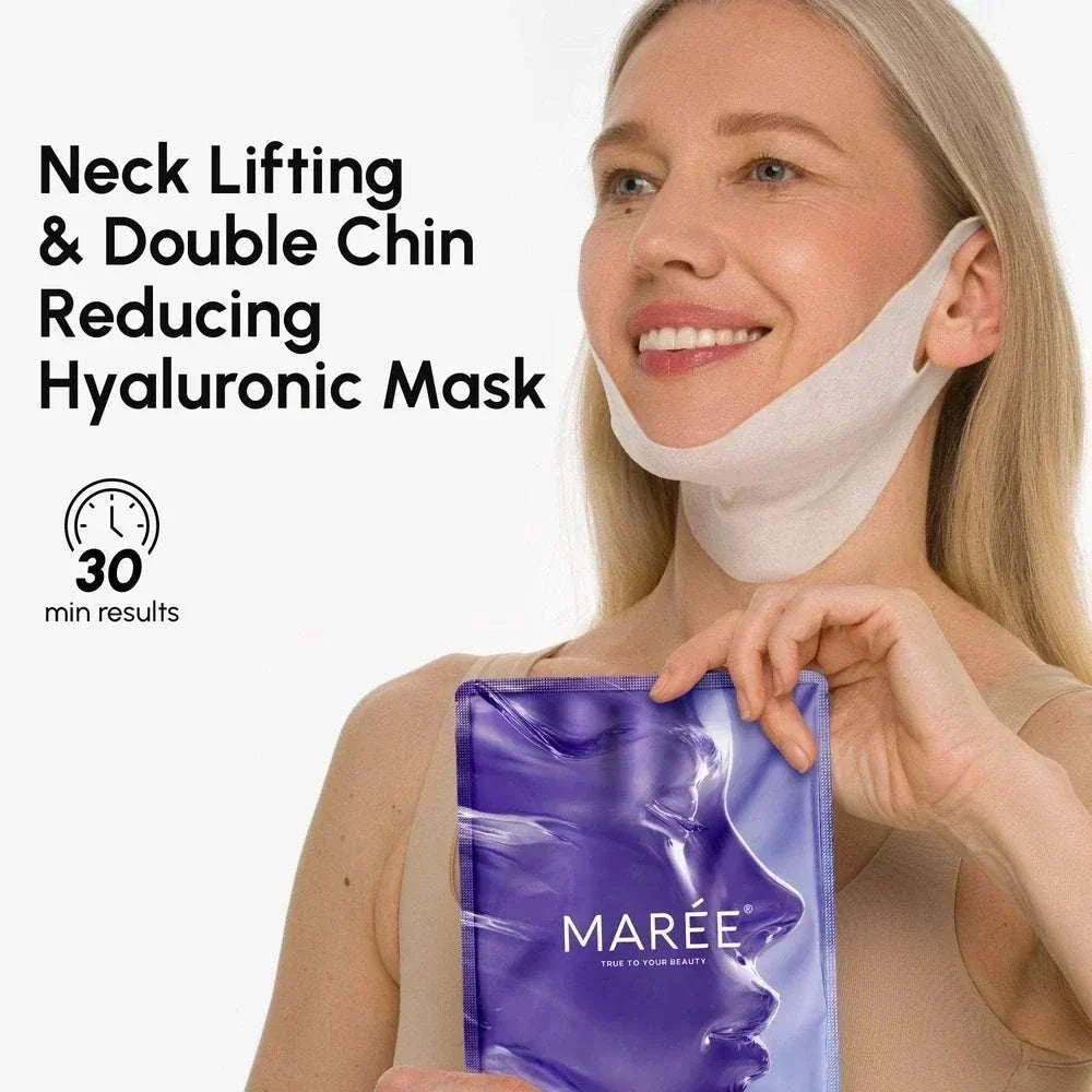 Hyaluronic Acid V-line Lifting Mask in glossy purple packaging, with a white chin and neck lifting strap shown worn
