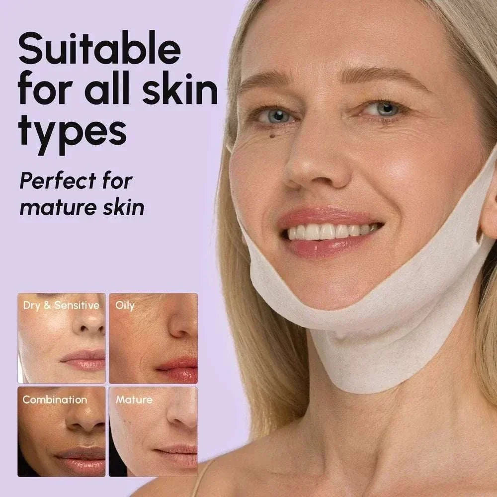 Hyaluronic Acid V-line Lifting Mask shown as a white chin and jaw wrap on a smiling woman, for mature skin