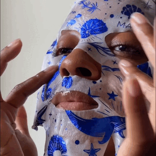 Hydrating collagen face mask sheet on facial skin for deep moisturization