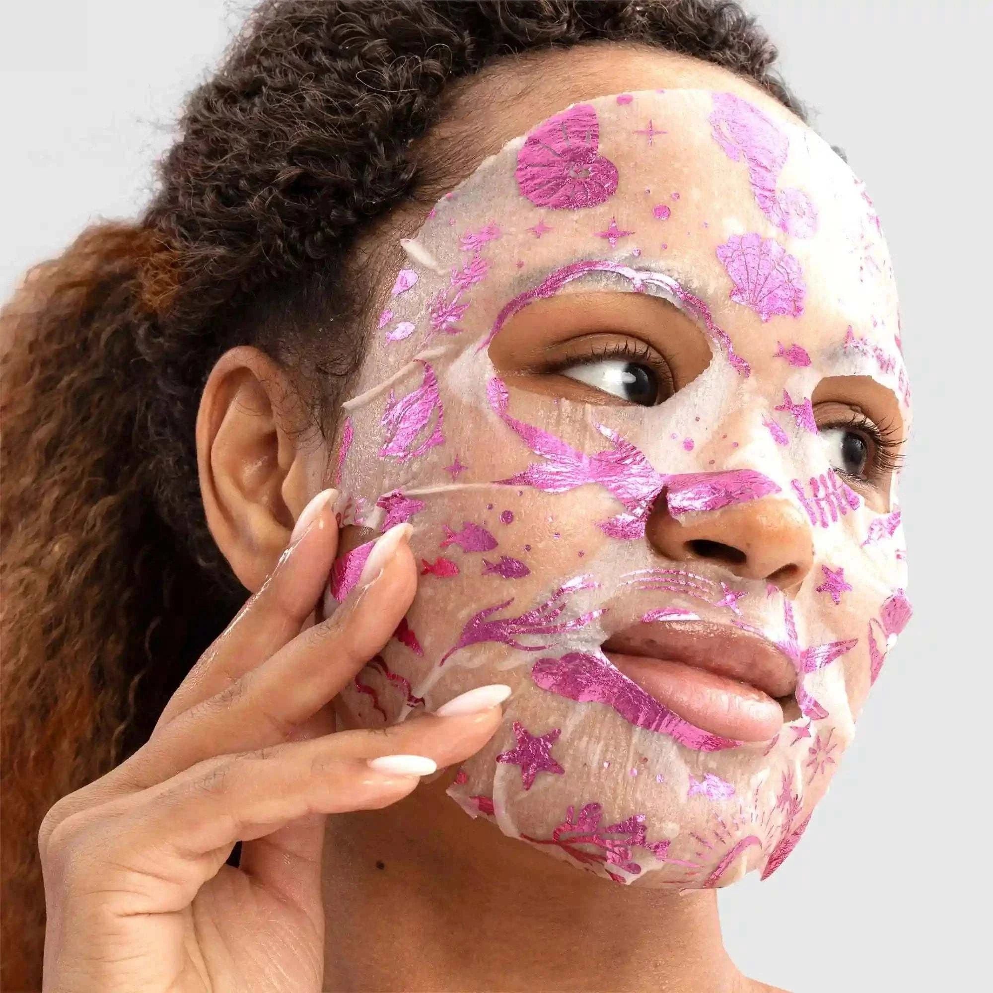 Hydrating collagen face mask sheet on a white background