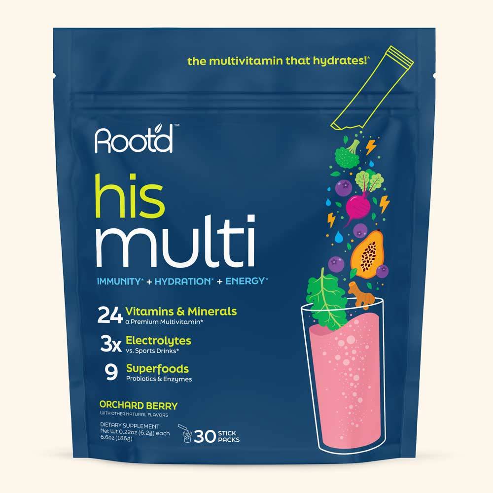 hydrating electrolytes his multi dietary supplement pack with 30 stick packs featuring orchard berry flavor and vibrant fruit and vegetable graphics