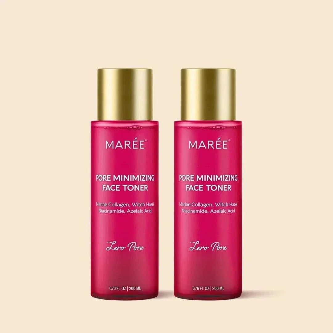Marée hydrating pore refining toner bottle with smooth flawless skin background